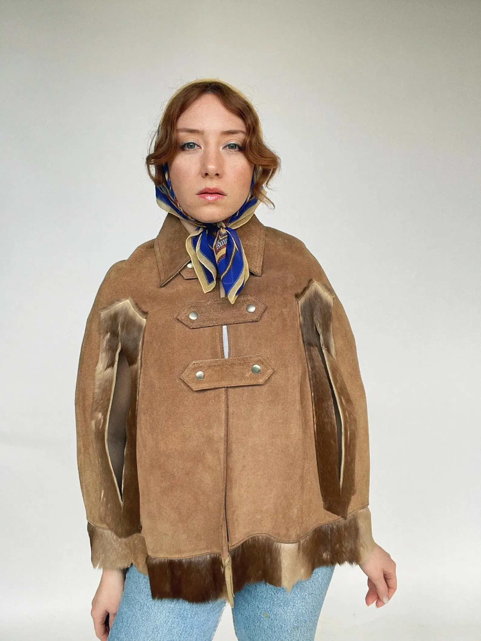 1970s Cape Brown Suede Coat Leather Patchwork Suede