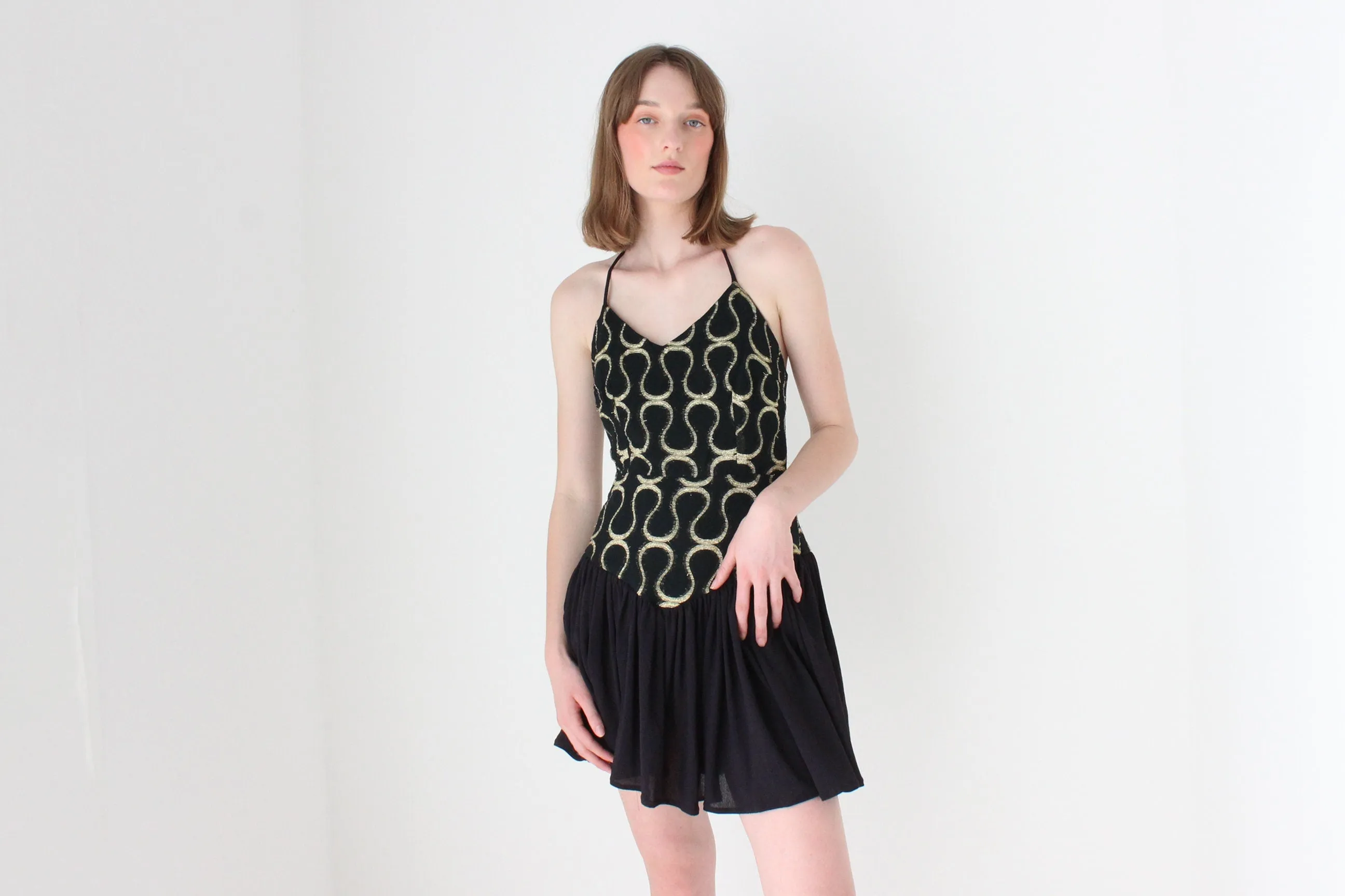 80s Tussi Gold & Black Flouncy Skirt Halter Mini