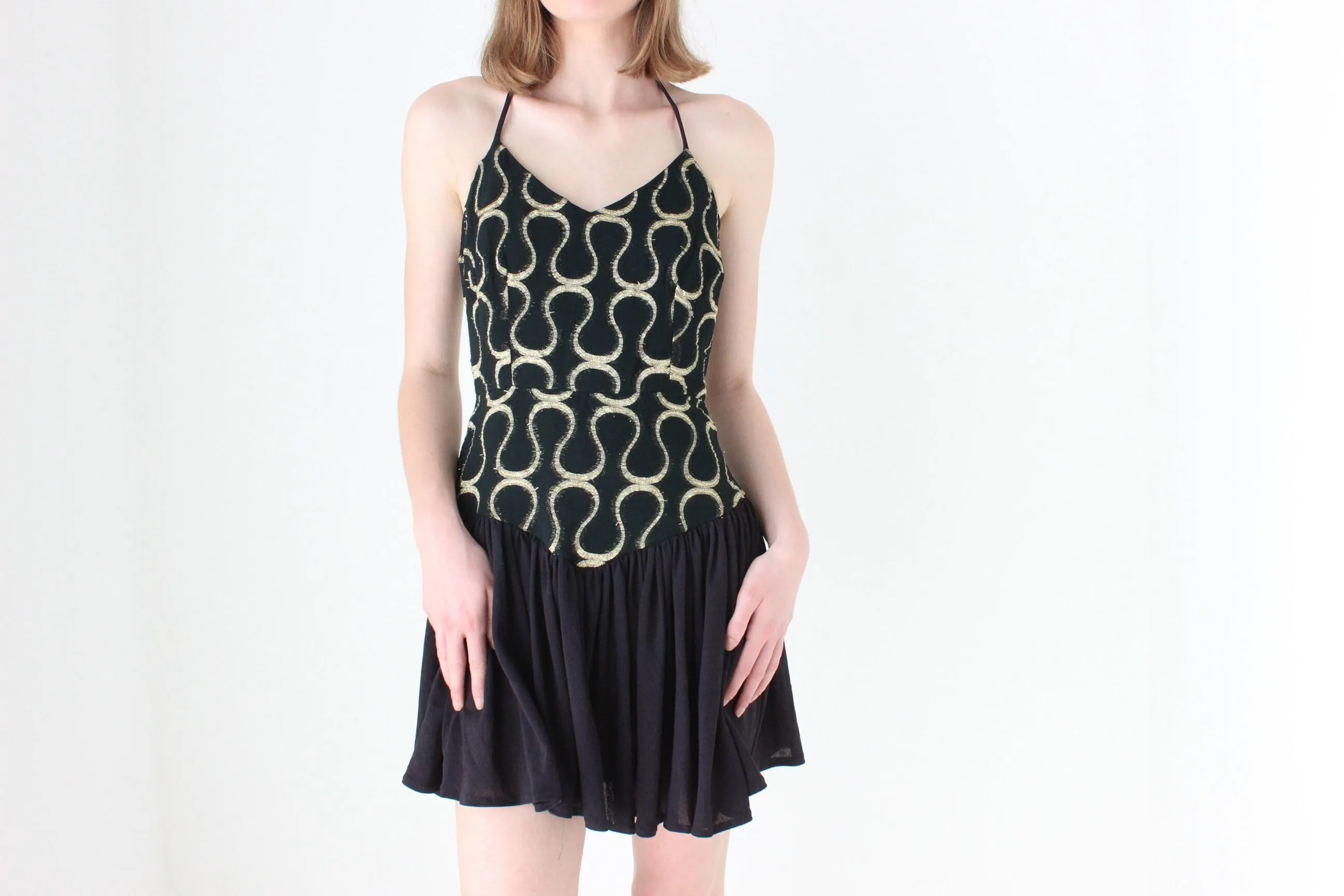 80s Tussi Gold & Black Flouncy Skirt Halter Mini