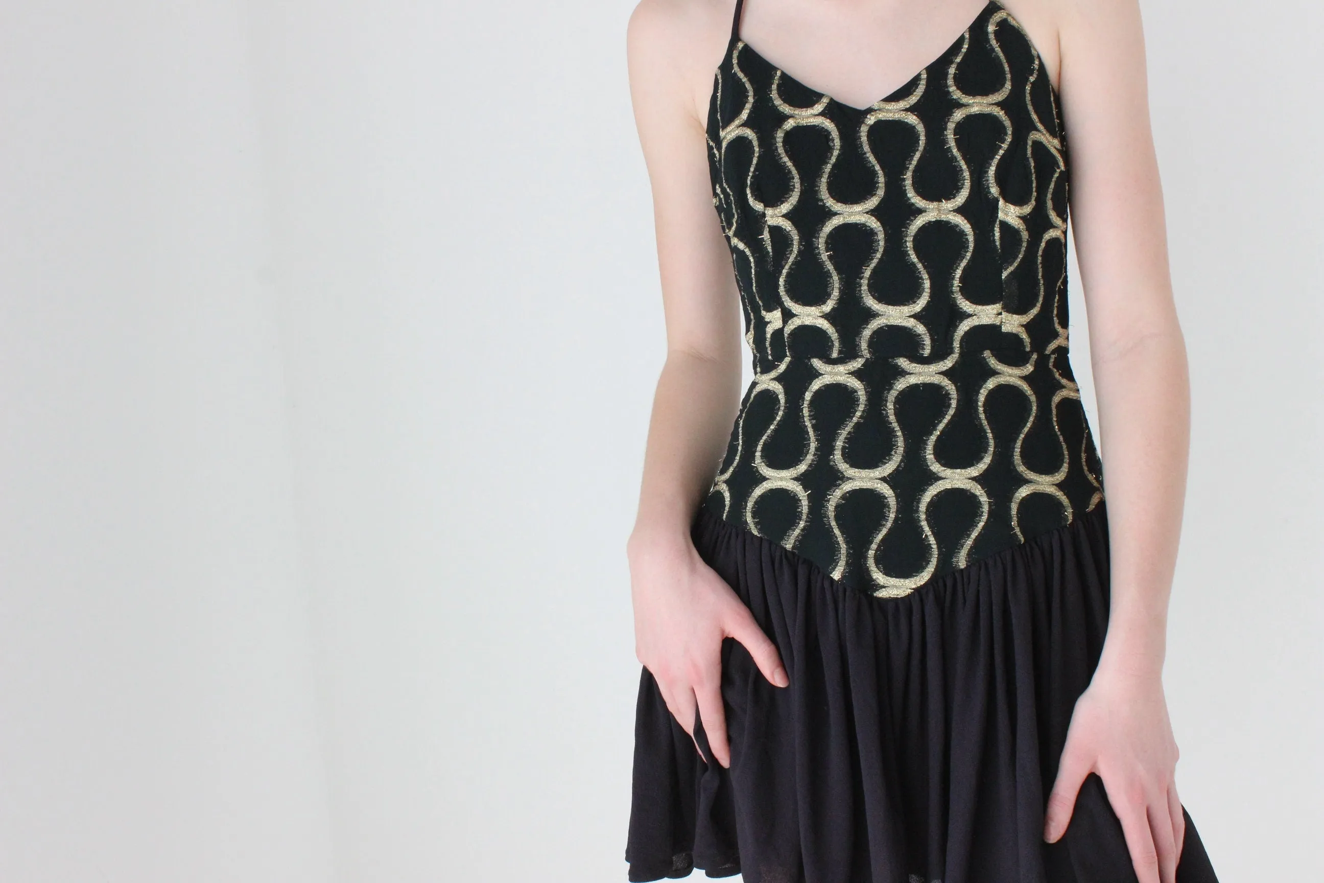 80s Tussi Gold & Black Flouncy Skirt Halter Mini