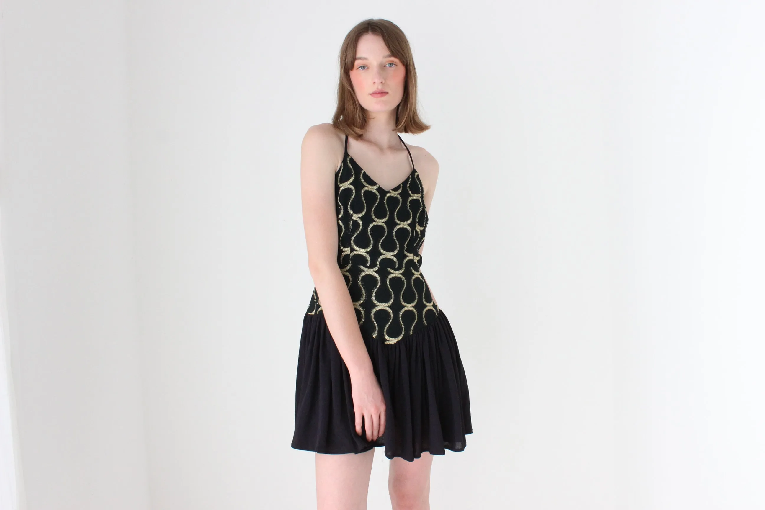 80s Tussi Gold & Black Flouncy Skirt Halter Mini