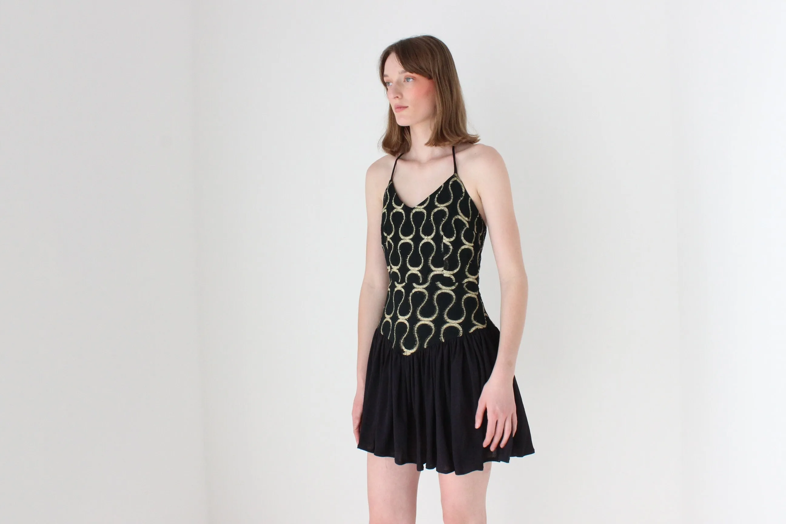 80s Tussi Gold & Black Flouncy Skirt Halter Mini