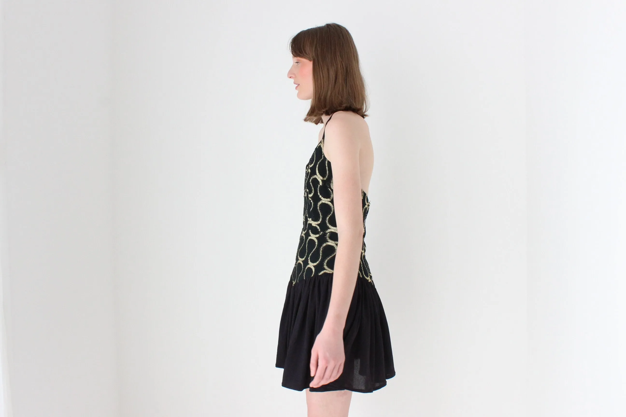 80s Tussi Gold & Black Flouncy Skirt Halter Mini
