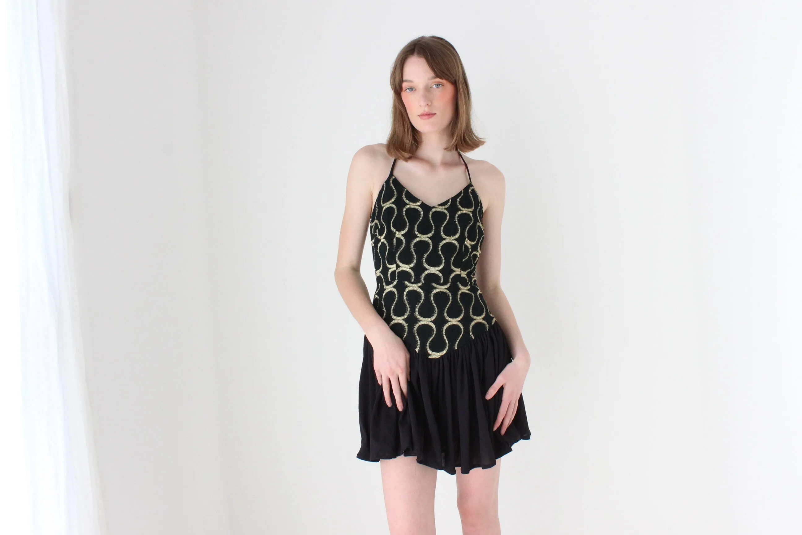 80s Tussi Gold & Black Flouncy Skirt Halter Mini