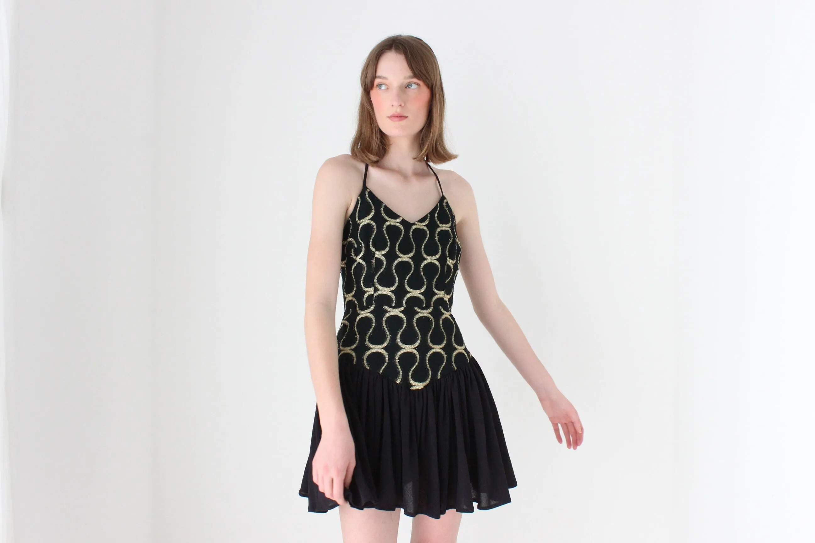 80s Tussi Gold & Black Flouncy Skirt Halter Mini