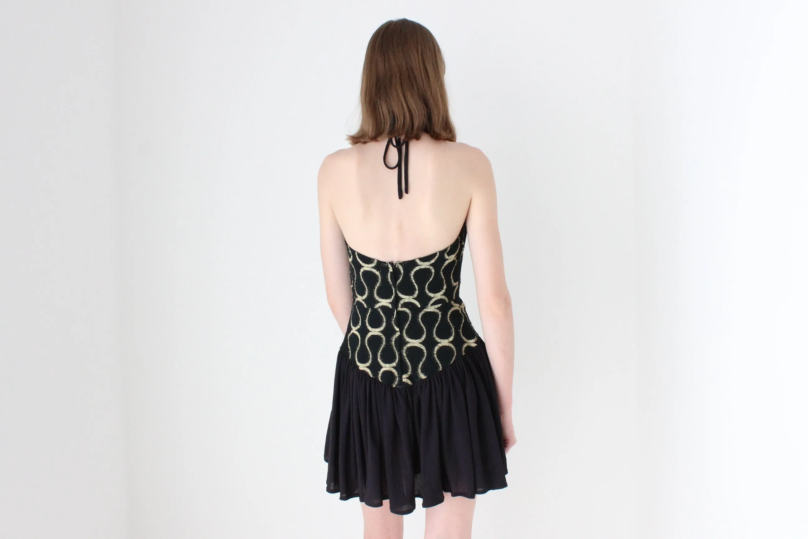 80s Tussi Gold & Black Flouncy Skirt Halter Mini