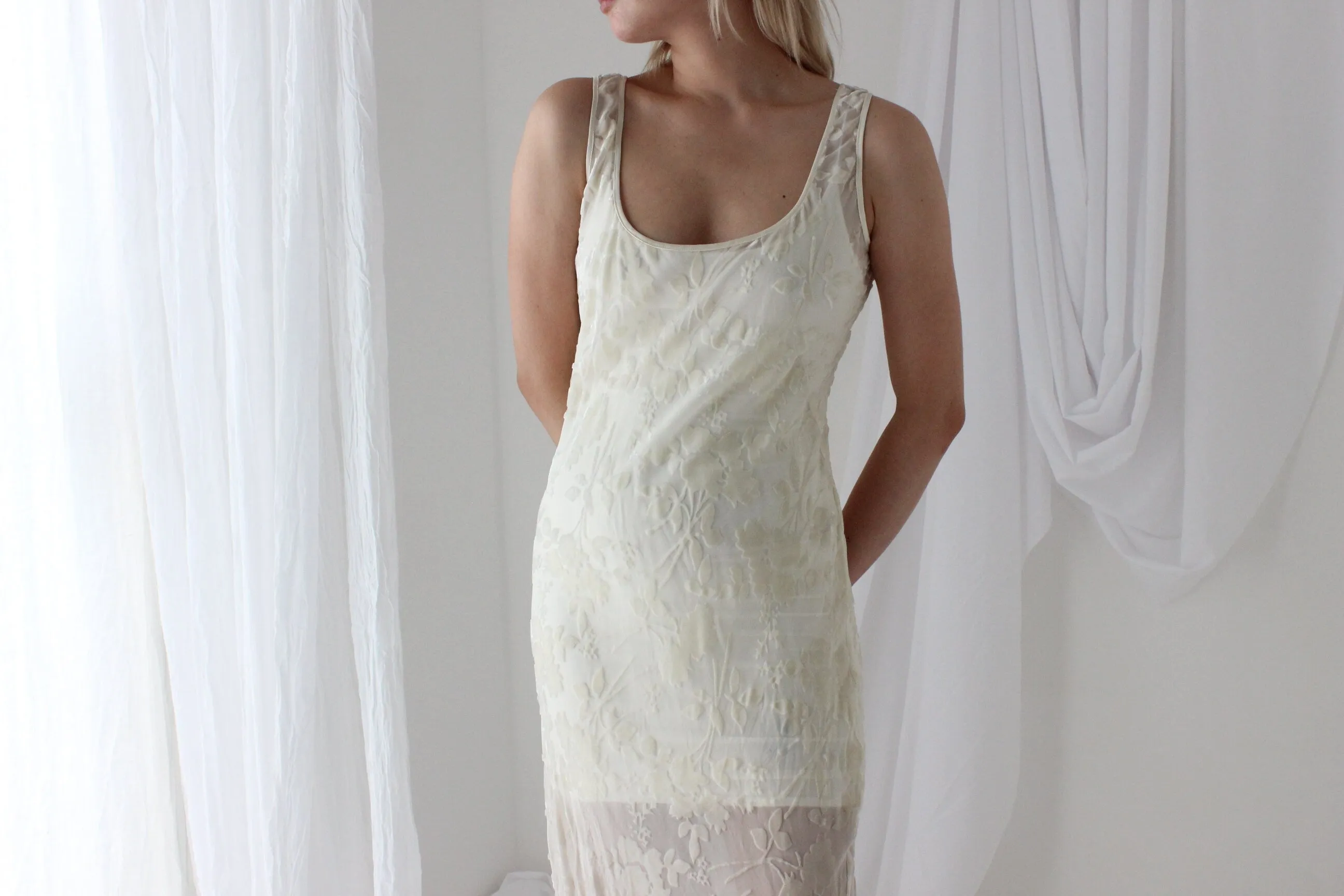 90s PURE SILK VELVET Cream Floral Burnout Bias Cut Gown