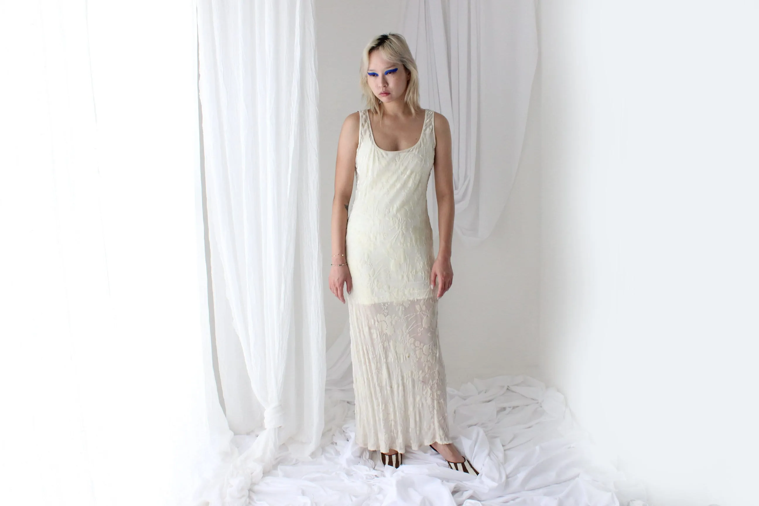 90s PURE SILK VELVET Cream Floral Burnout Bias Cut Gown
