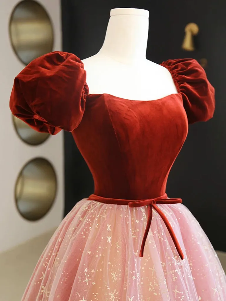 A-Line Pink Velvet Tulle Long Prom Dress, Pink Tulle Formal Evening Dress