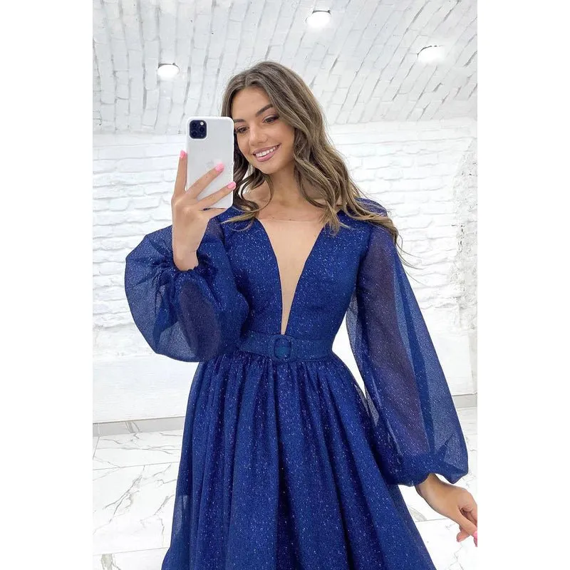 A-Line V-Neck Sequined Belt Long Sleeves Party Dress
