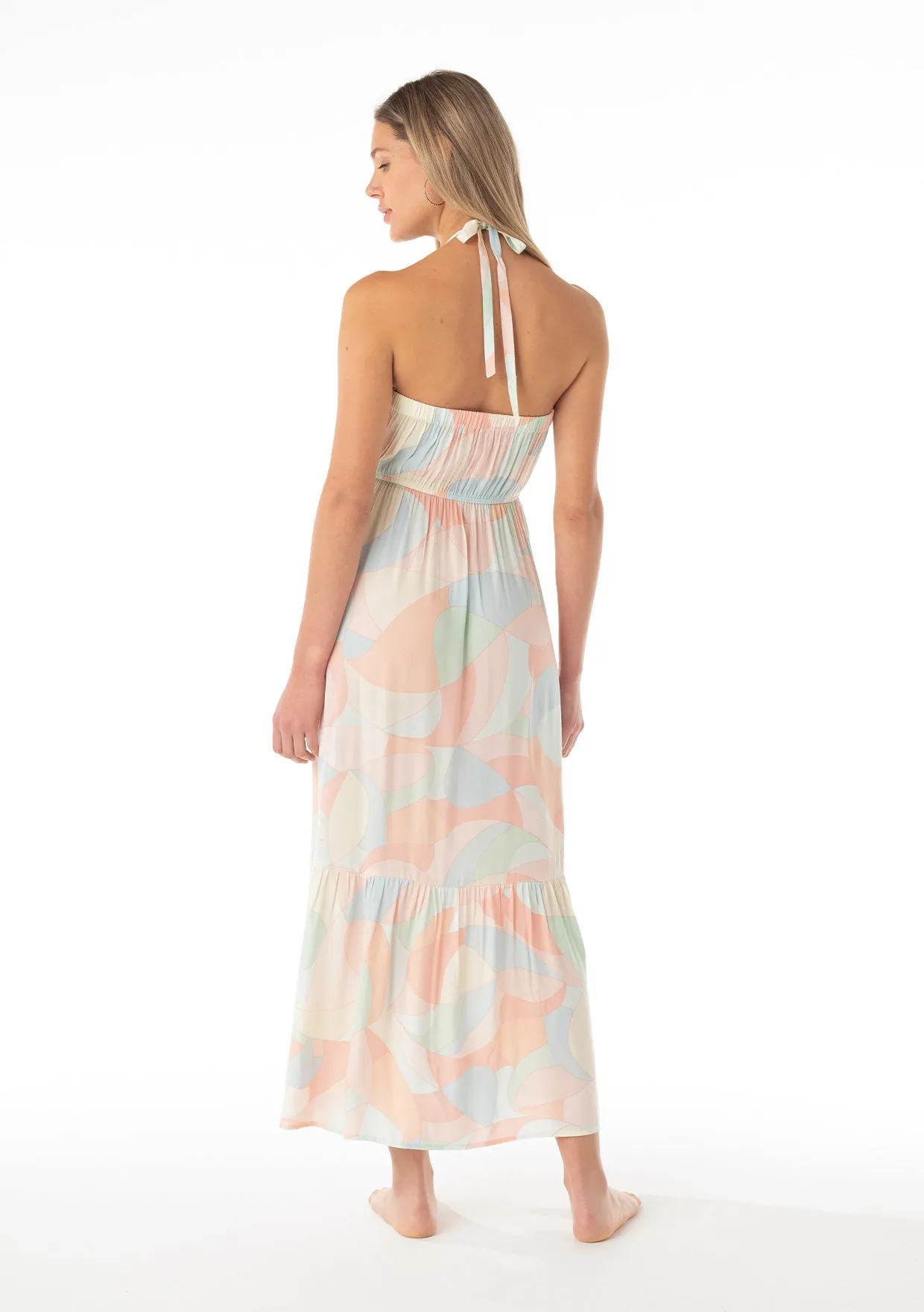 Abstract Printed Tiered Hem Halter Maxi Dress