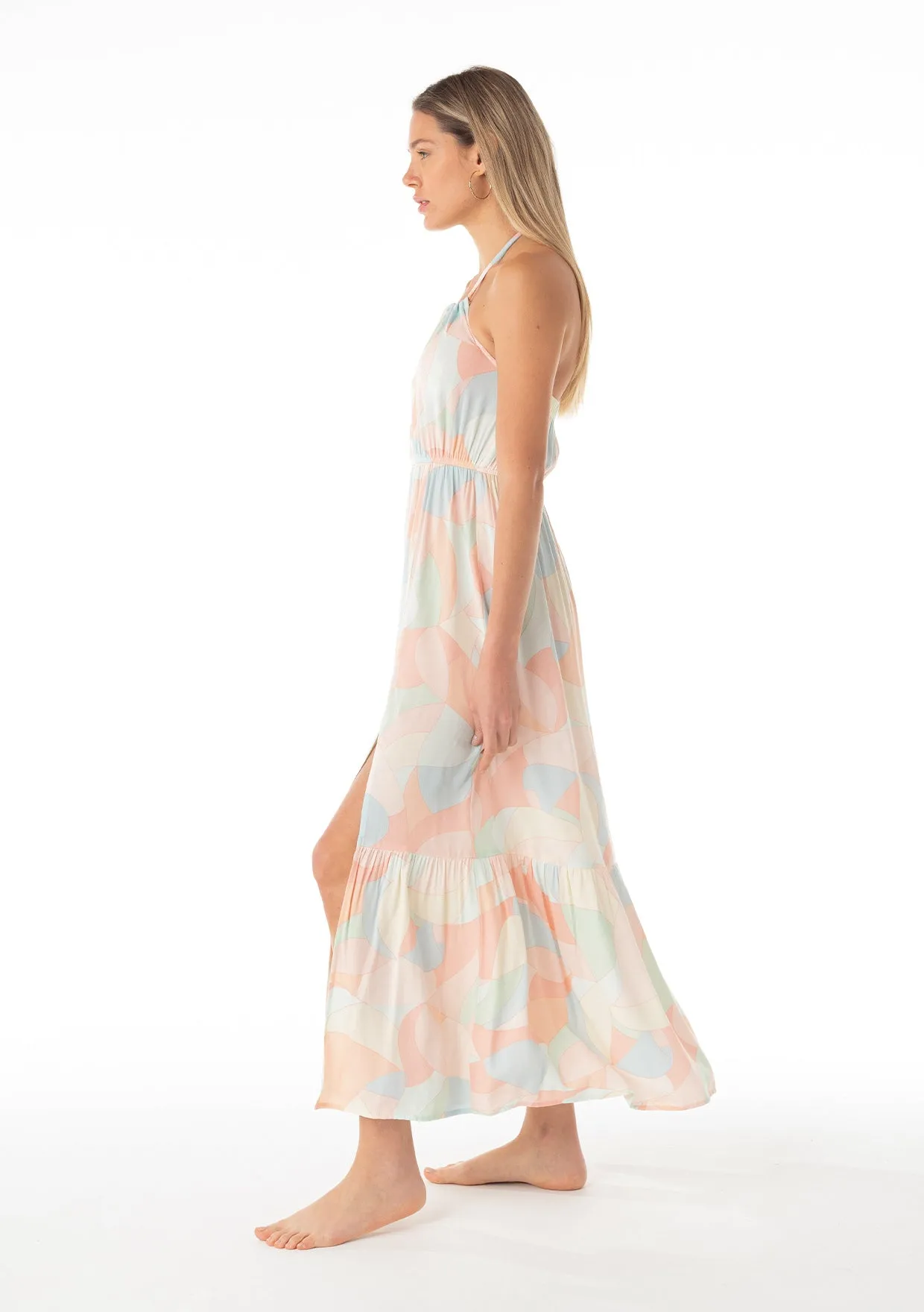 Abstract Printed Tiered Hem Halter Maxi Dress