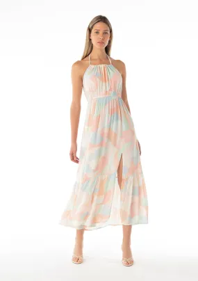 Abstract Printed Tiered Hem Halter Maxi Dress