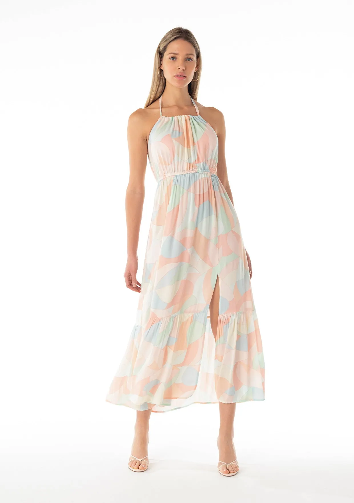 Abstract Printed Tiered Hem Halter Maxi Dress
