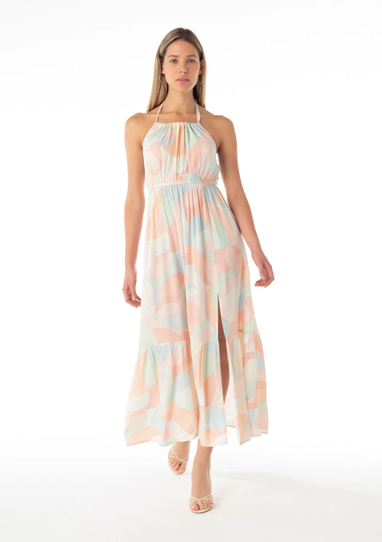 Abstract Printed Tiered Hem Halter Maxi Dress