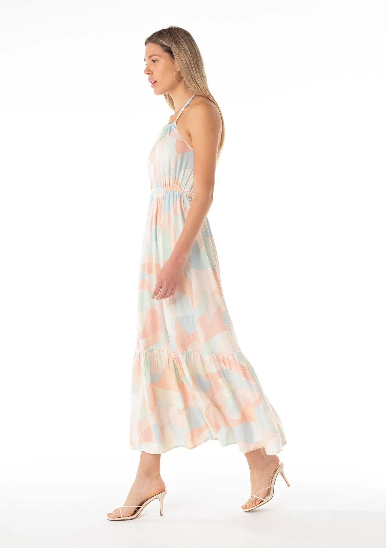 Abstract Printed Tiered Hem Halter Maxi Dress