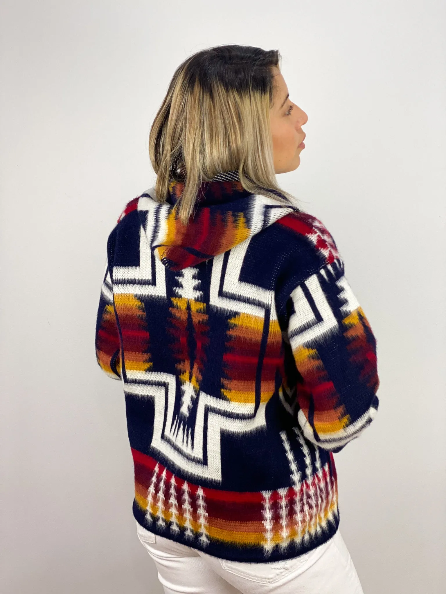 Alpaca Wool Jacket with Hoodie - Native American Style - Navy