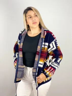 Alpaca Wool Jacket with Hoodie - Native American Style - Navy