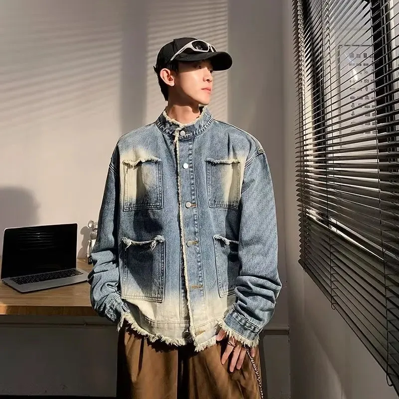 American Short Cowboy Jackets Outwear High Street Raw Edge Design Denim Jacket Man Woman Hip Hop Retro Wash Cargo Coats y2k