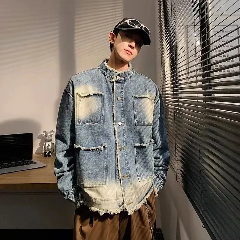 American Short Cowboy Jackets Outwear High Street Raw Edge Design Denim Jacket Man Woman Hip Hop Retro Wash Cargo Coats y2k