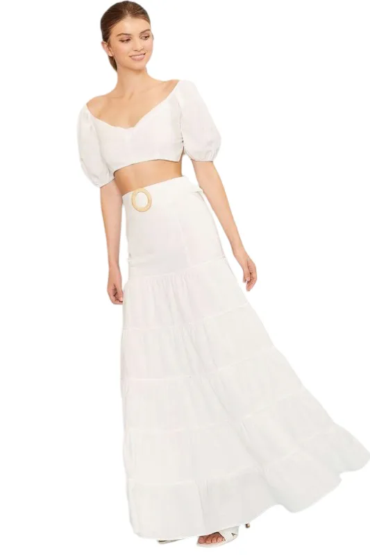 Apparel- Main Strip Side Zipper Belted Ruffled Solid Maxi Skirt