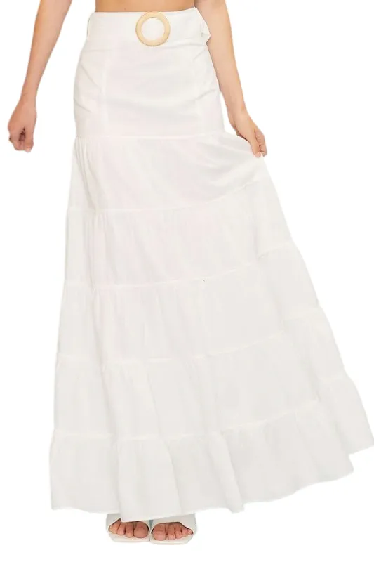 Apparel- Main Strip Side Zipper Belted Ruffled Solid Maxi Skirt