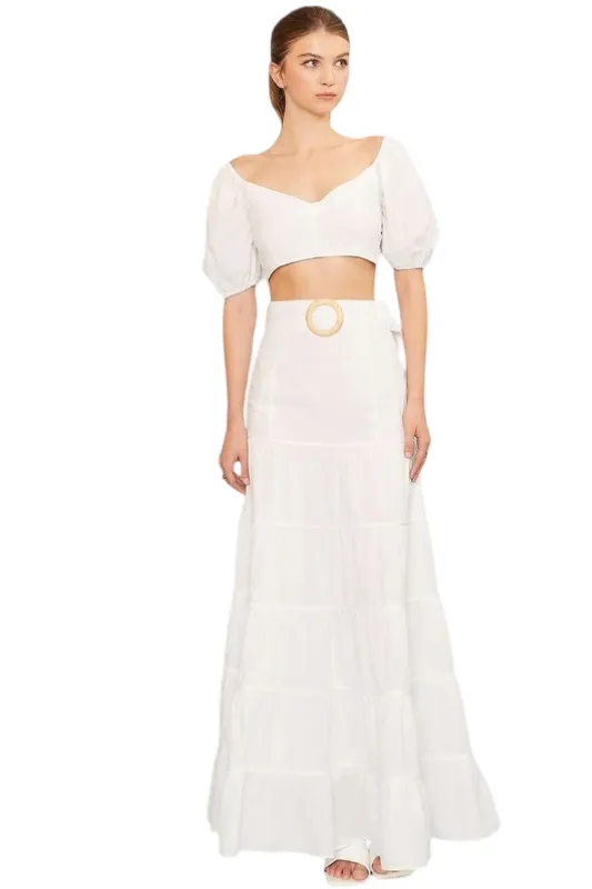 Apparel- Main Strip Side Zipper Belted Ruffled Solid Maxi Skirt