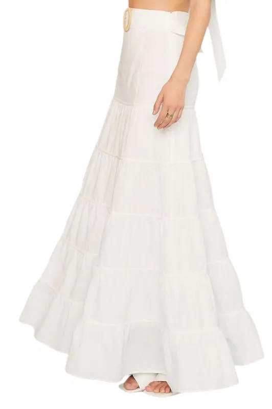 Apparel- Main Strip Side Zipper Belted Ruffled Solid Maxi Skirt