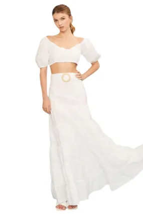 Apparel- Main Strip Side Zipper Belted Ruffled Solid Maxi Skirt