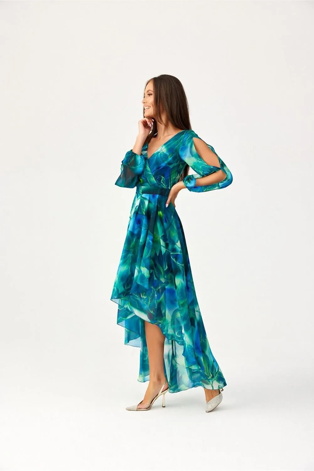 Asymmetric draped neck maxi length dress