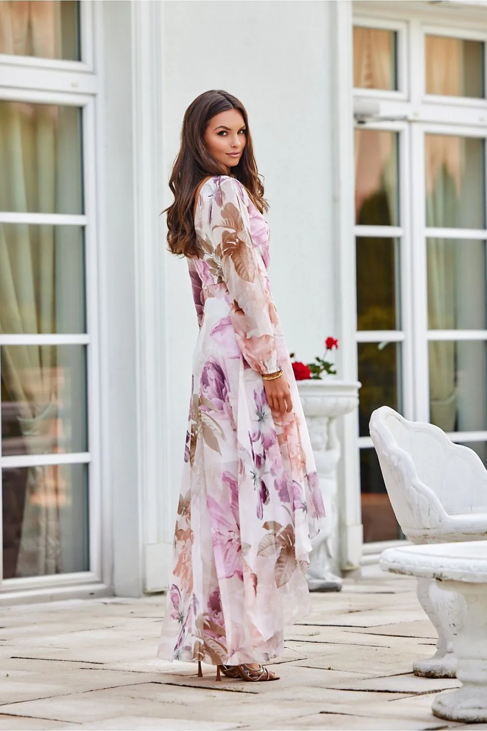 Asymmetric draped neck maxi length dress