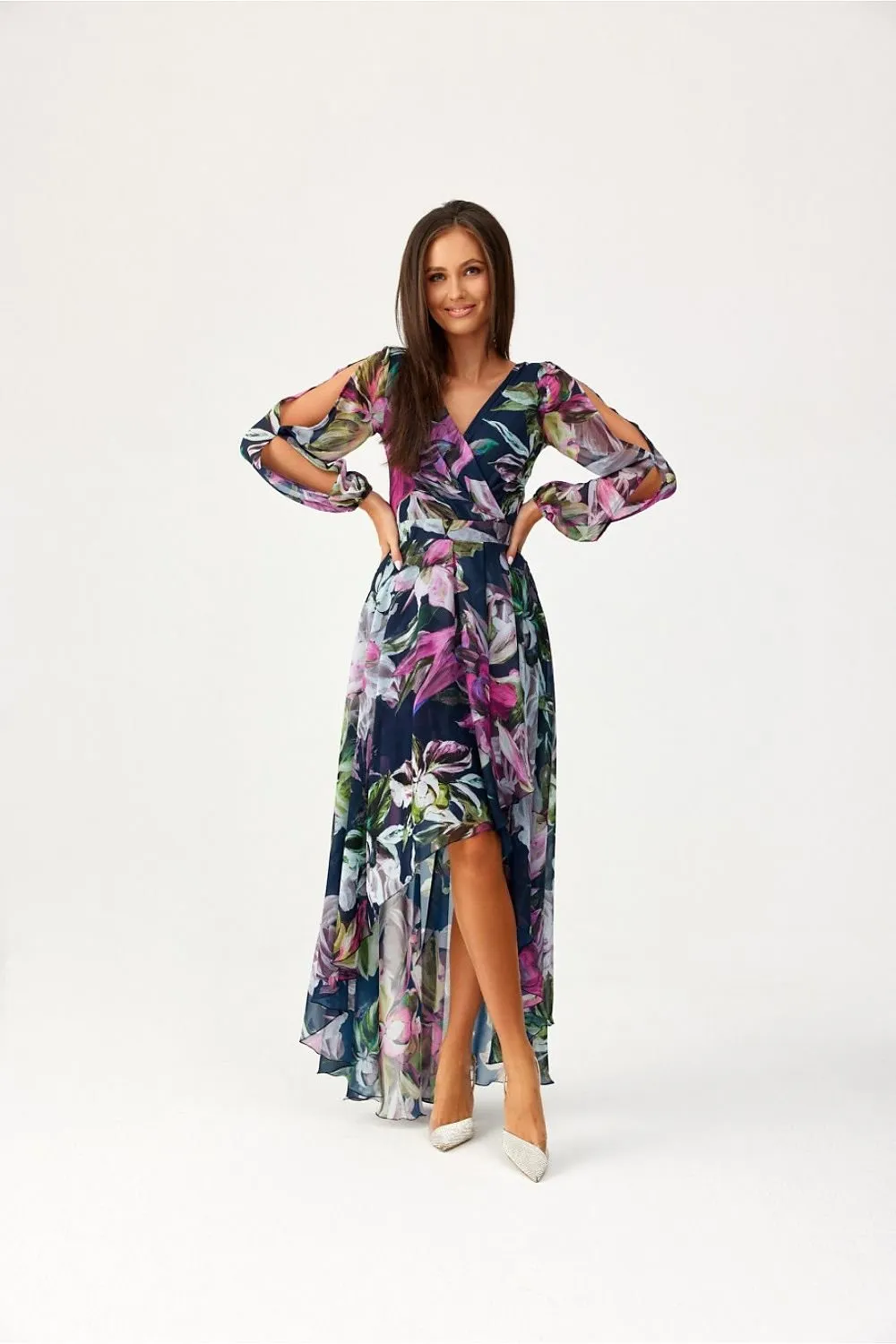 Asymmetric draped neck maxi length dress