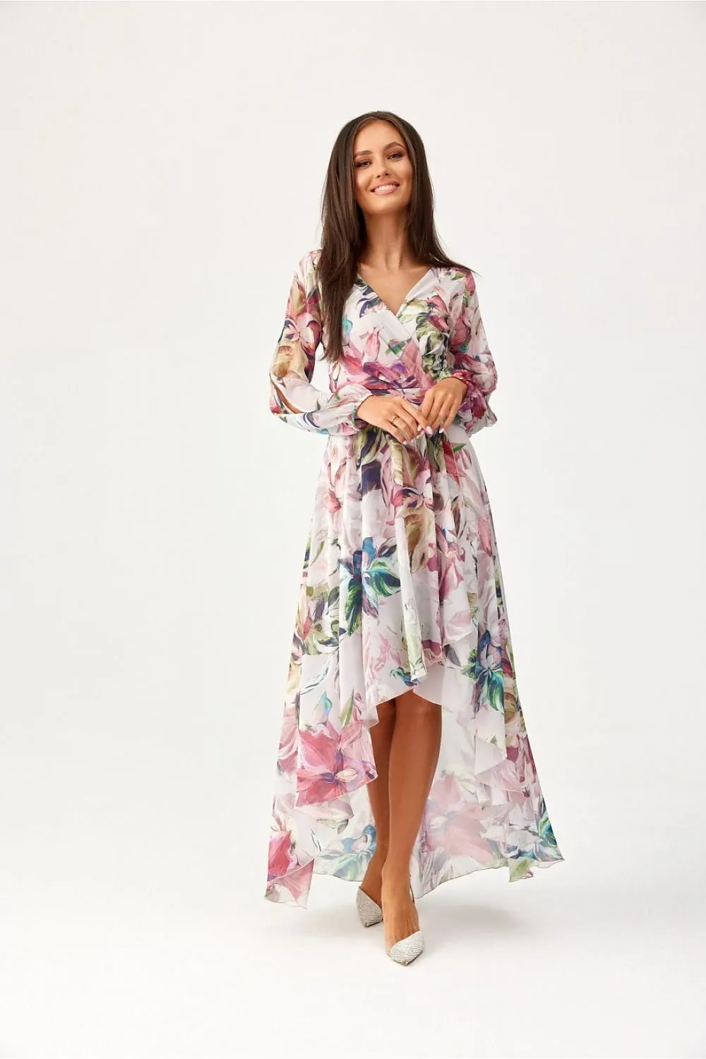 Asymmetric draped neck maxi length dress