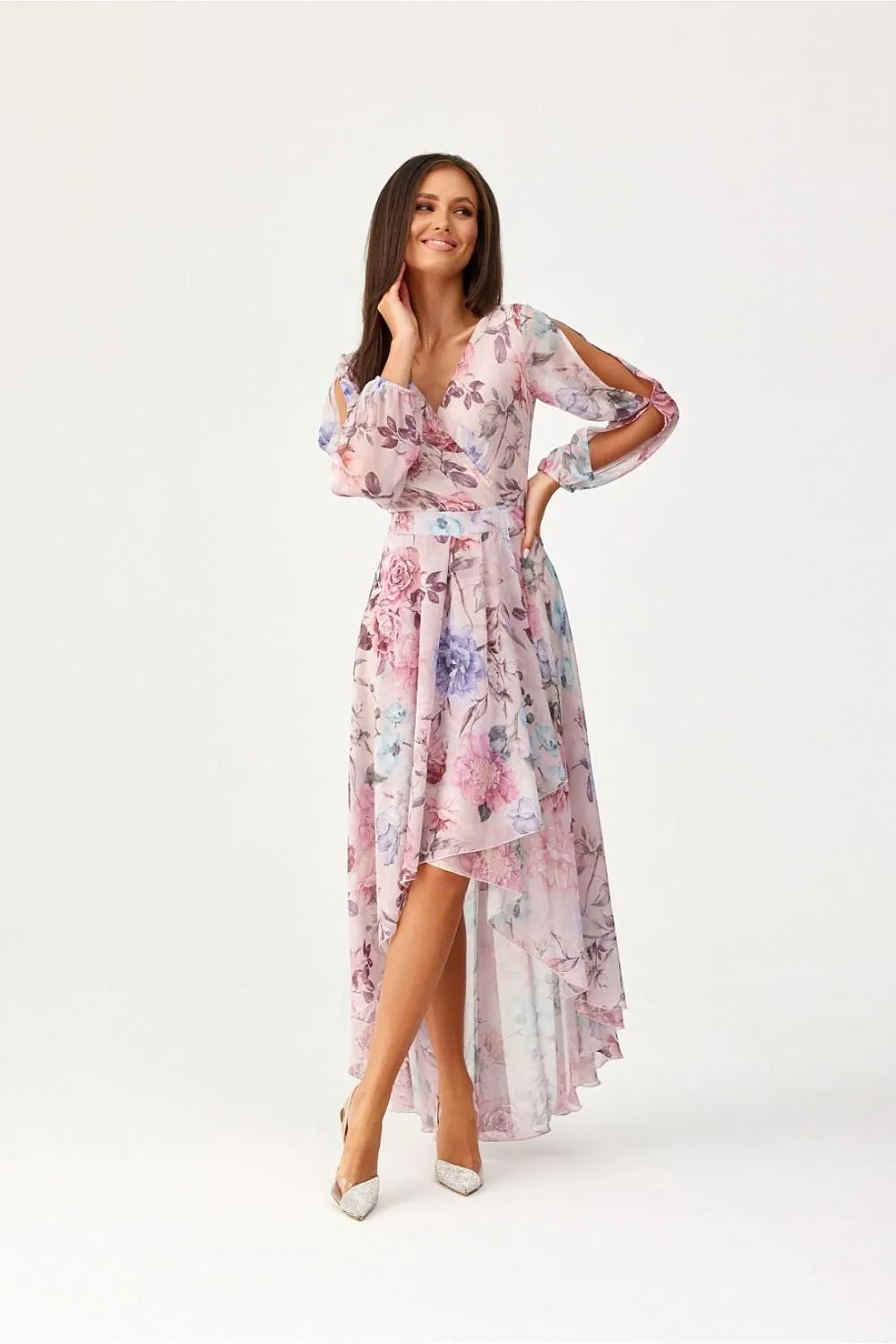 Asymmetric draped neck maxi length dress