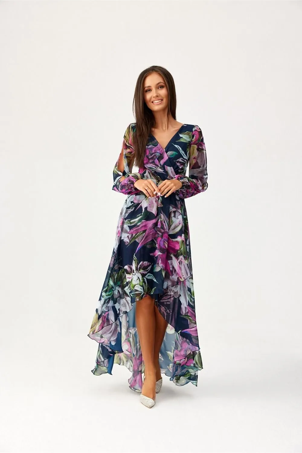 Asymmetric draped neck maxi length dress