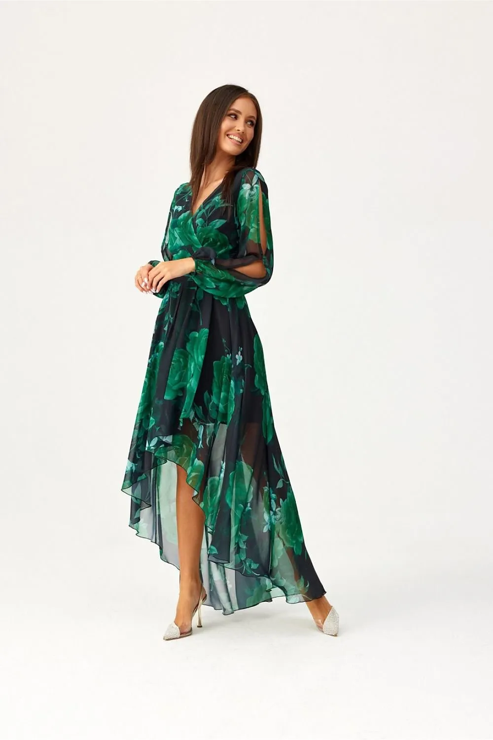 Asymmetric draped neck maxi length dress