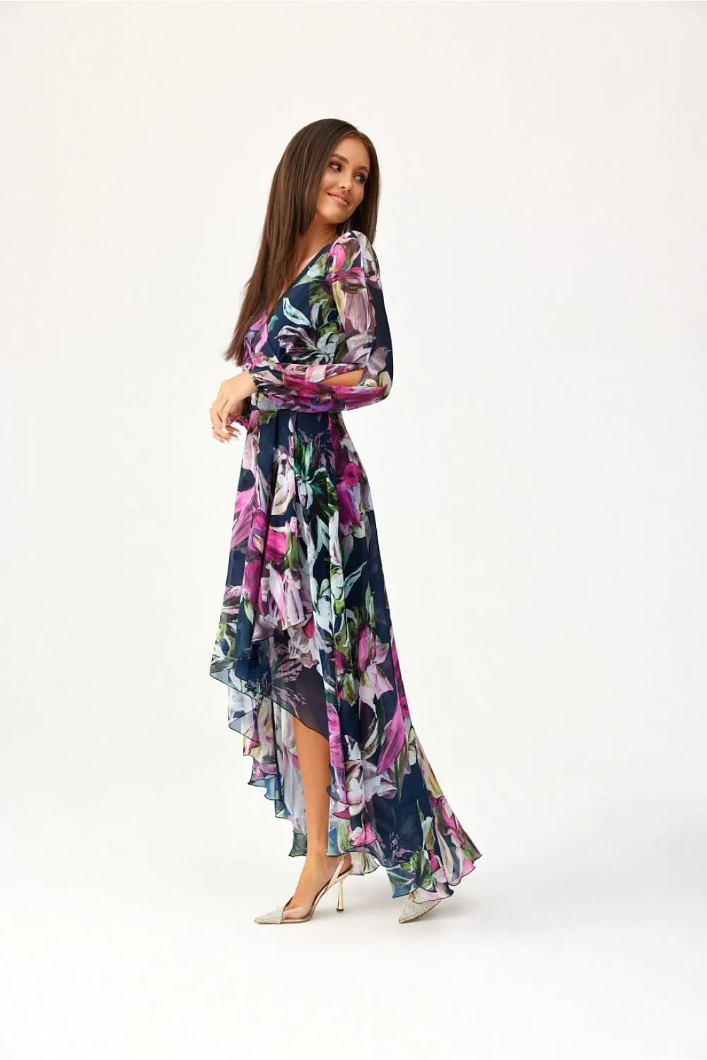 Asymmetric draped neck maxi length dress