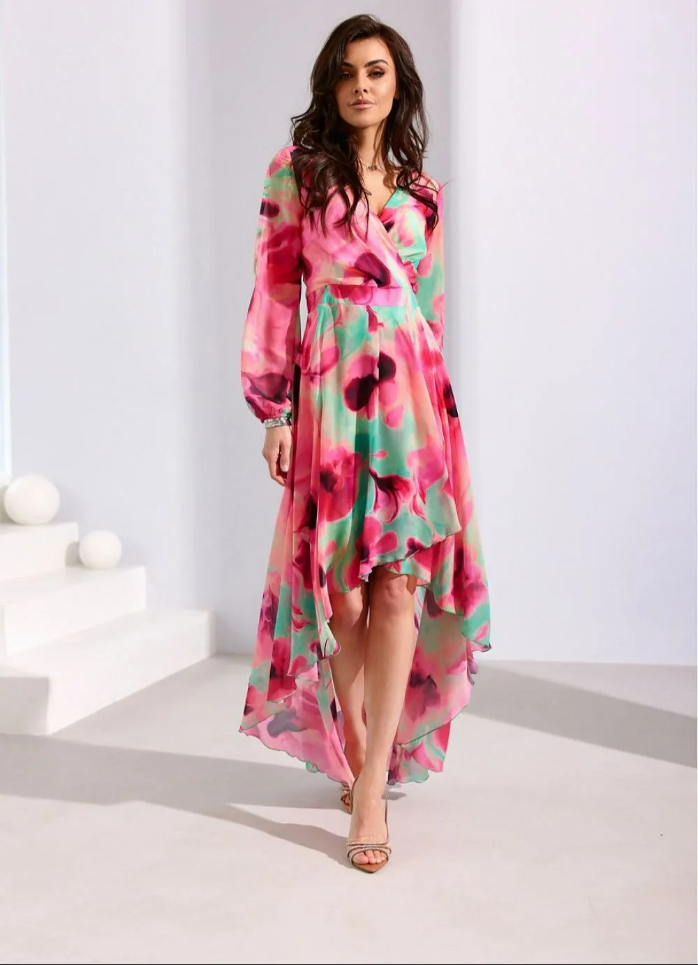 Asymmetric draped neck maxi length dress