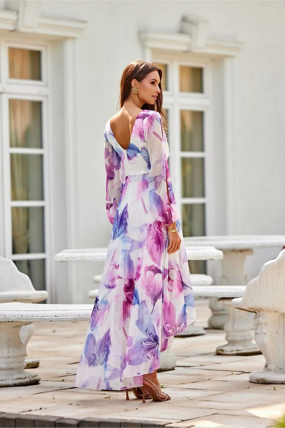 Asymmetric draped neck maxi length dress