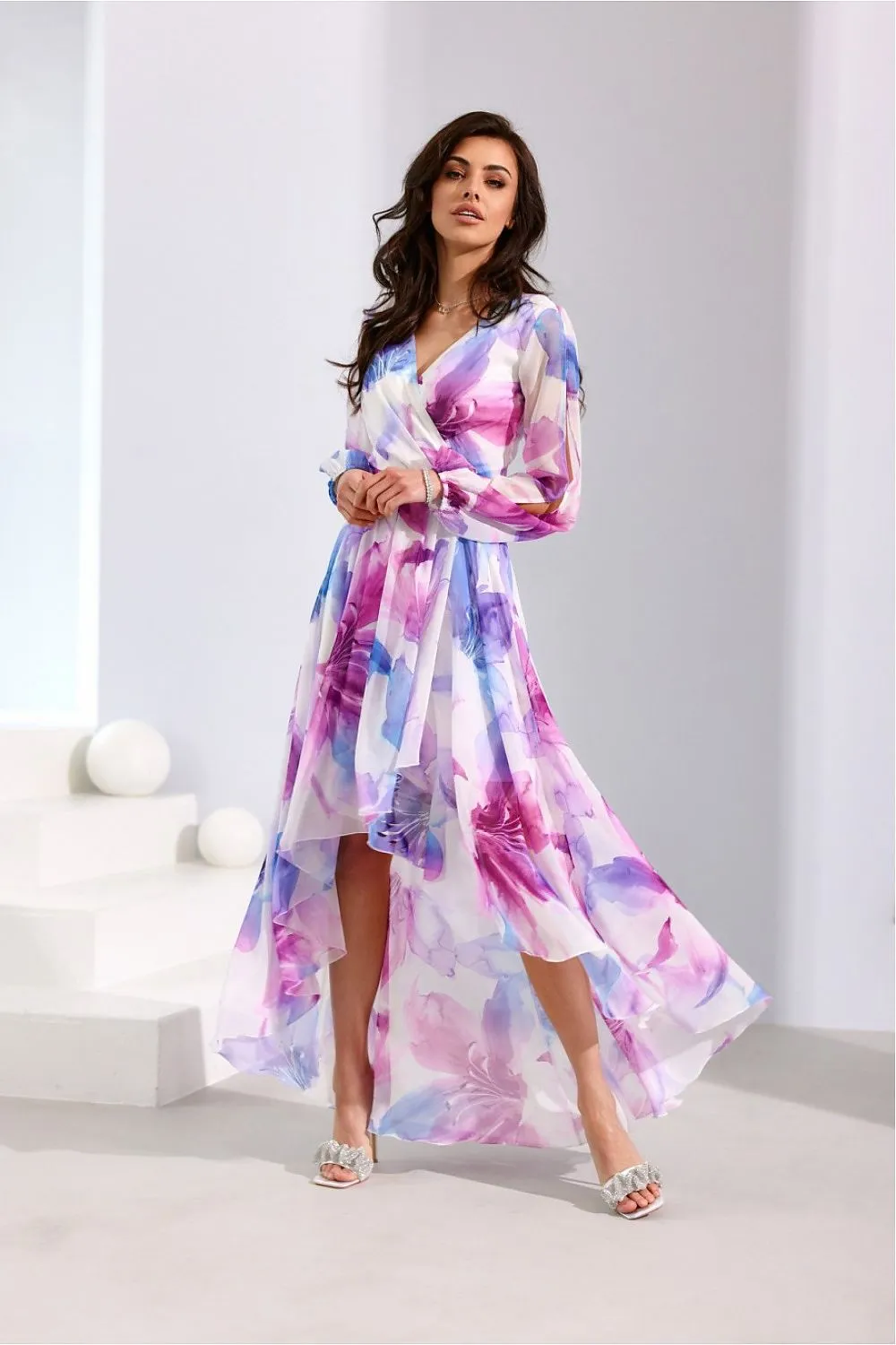 Asymmetric draped neck maxi length dress