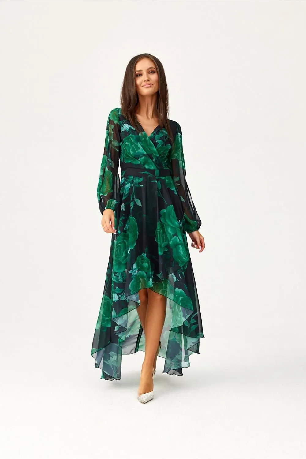 Asymmetric draped neck maxi length dress