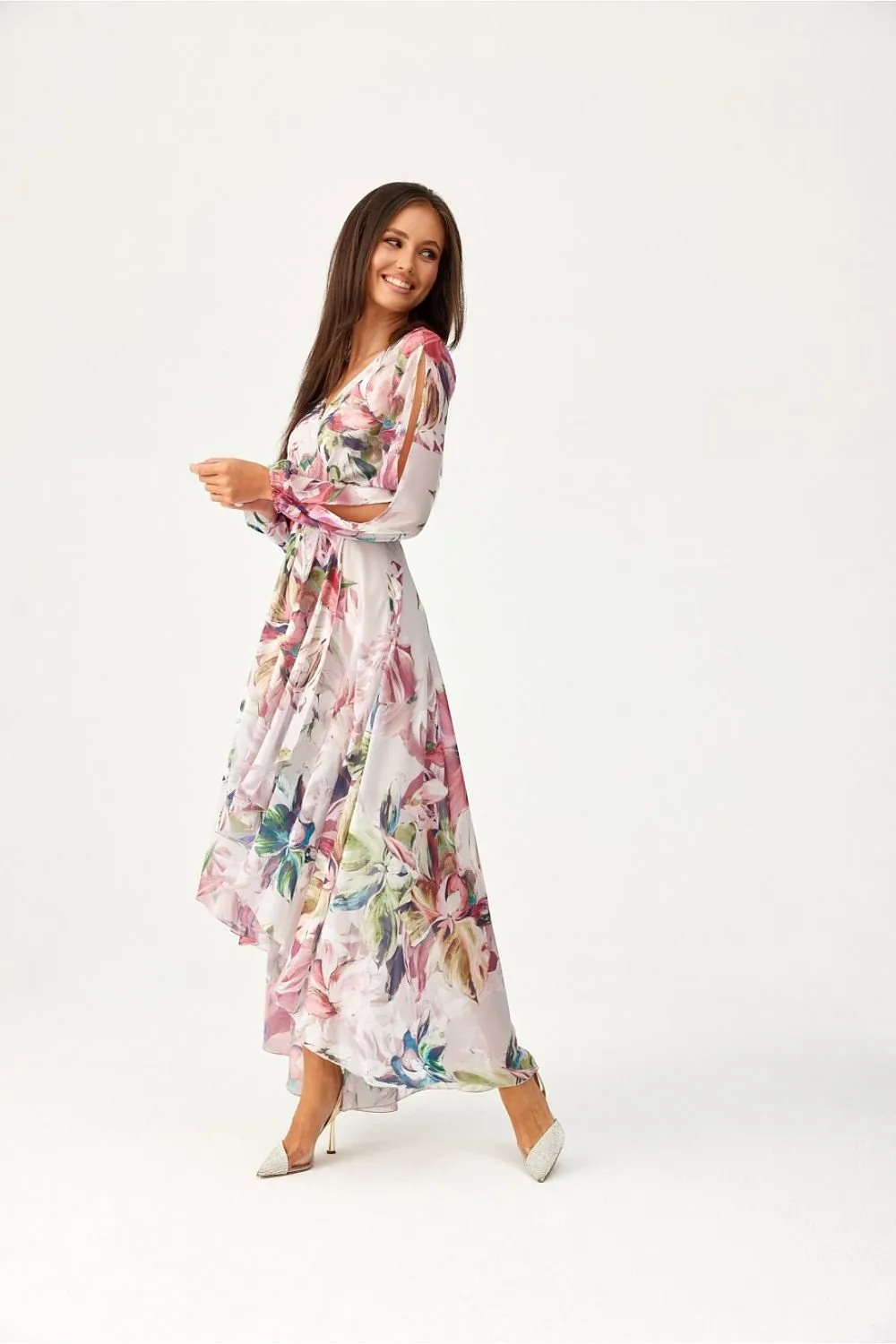 Asymmetric draped neck maxi length dress