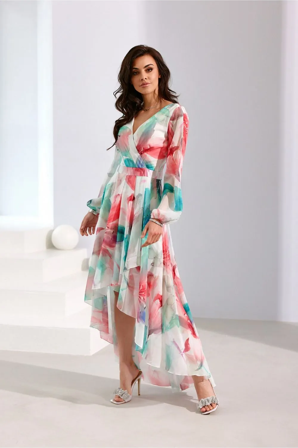 Asymmetric draped neck maxi length dress