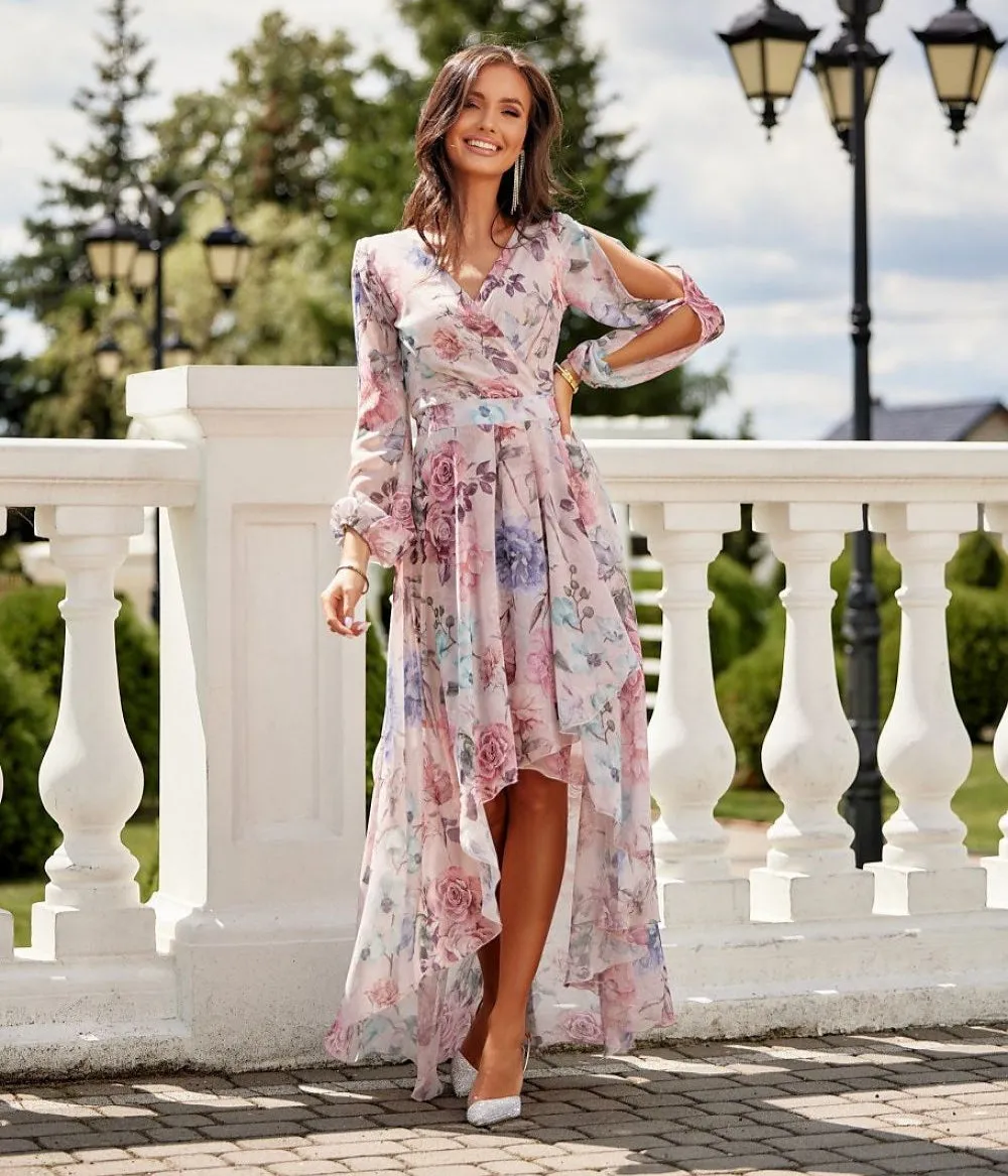 Asymmetric draped neck maxi length dress