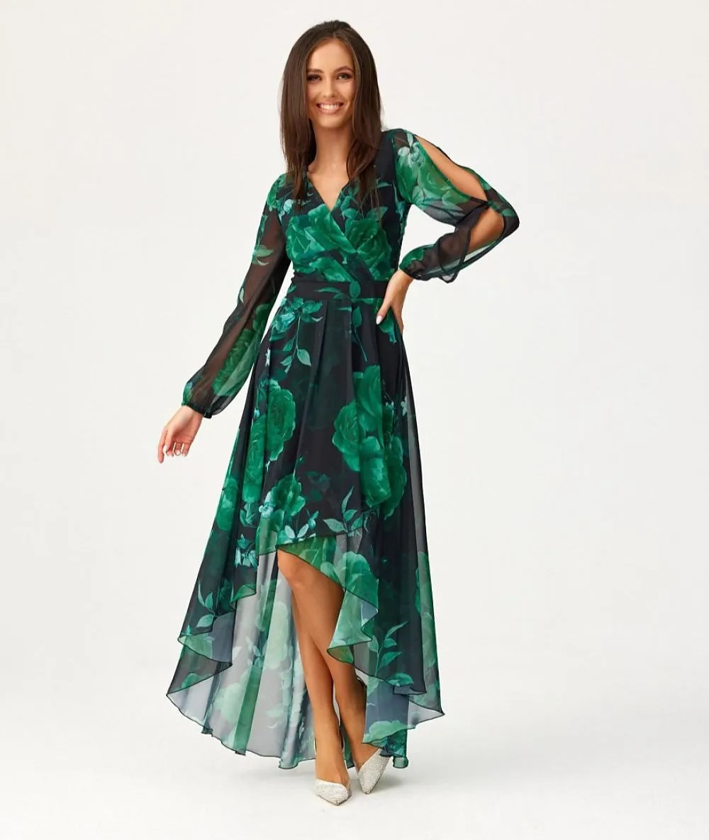 Asymmetric draped neck maxi length dress