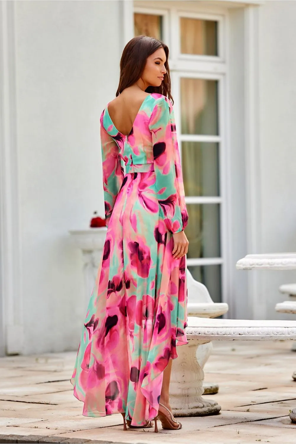 Asymmetric draped neck maxi length dress