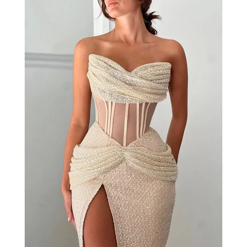 Attractive Strapless Beaded Embroidery Champagne Prom Dress Evening Dress