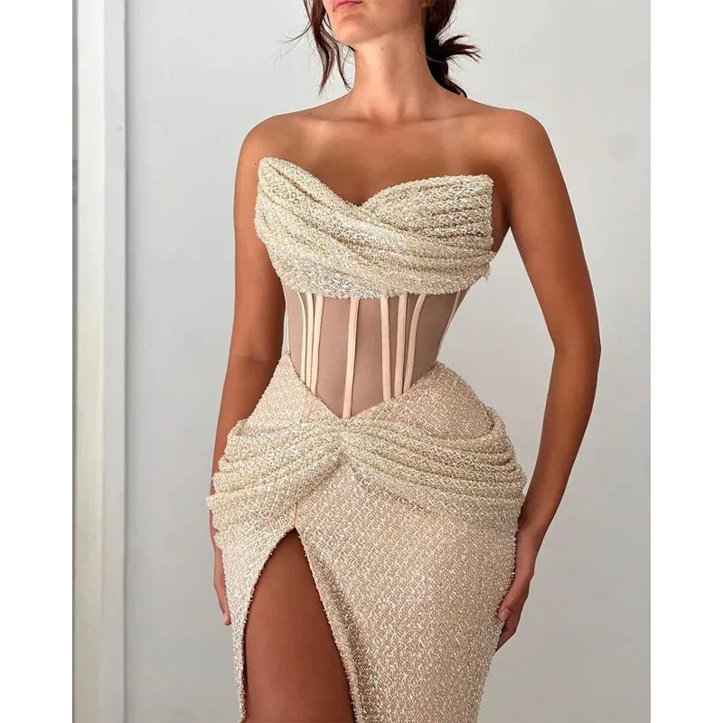 Attractive Strapless Beaded Embroidery Champagne Prom Dress Evening Dress