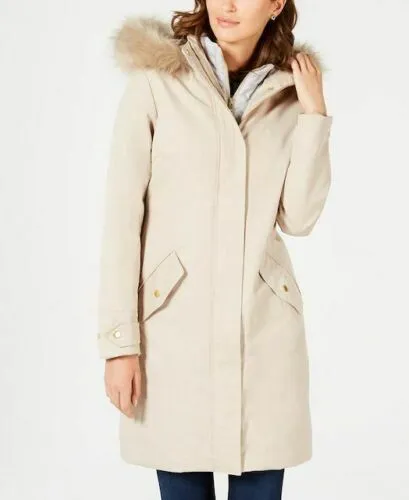 Barbour Women’s  Bute Faux-Fur Hooded Puffer Coat Color Beige Size 14