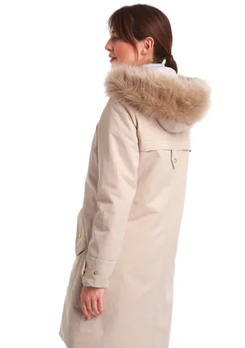 Barbour Women’s  Bute Faux-Fur Hooded Puffer Coat Color Beige Size 14
